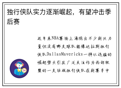独行侠队实力逐渐崛起，有望冲击季后赛